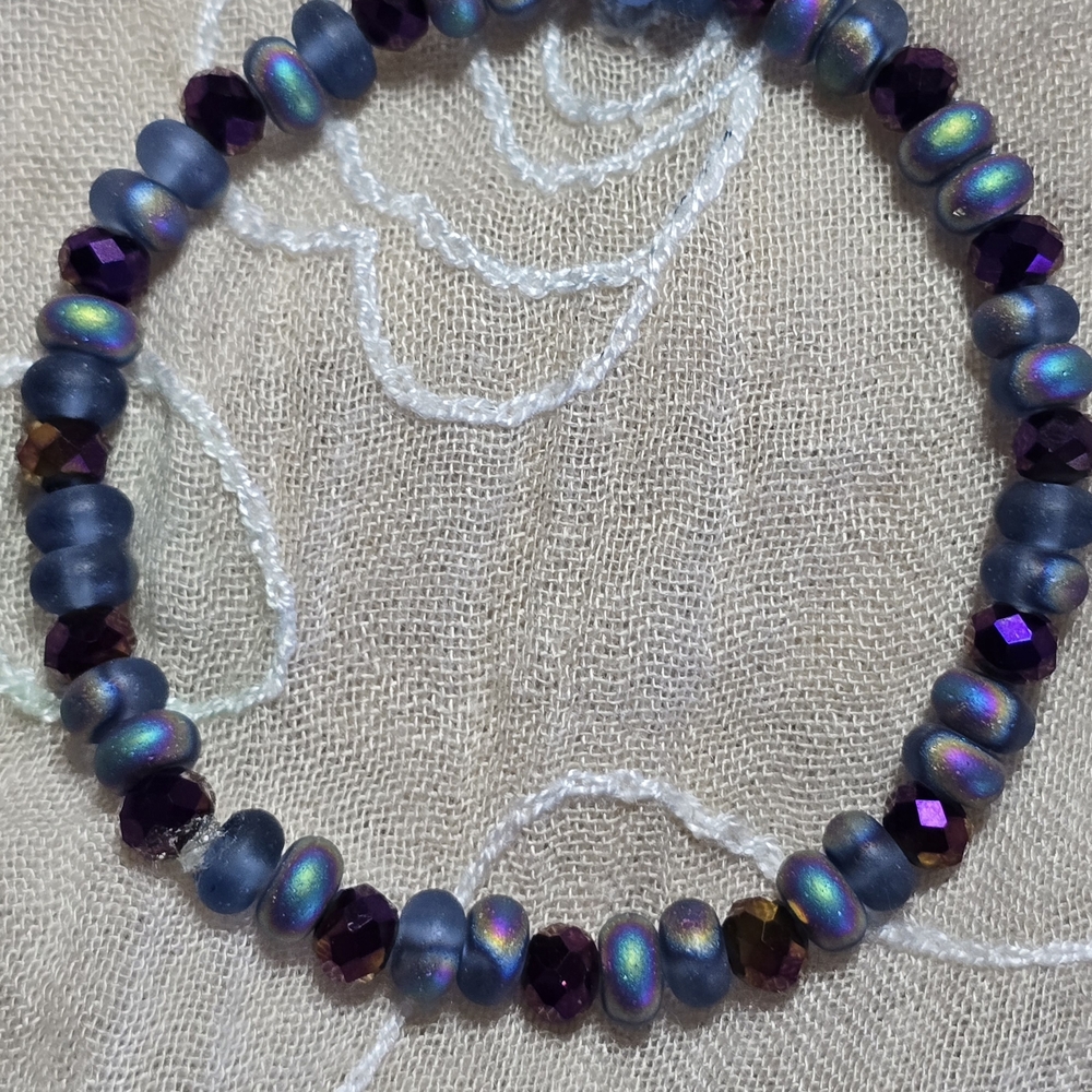 Purple and Iridescent Glass Beaded Stretch Bracelet